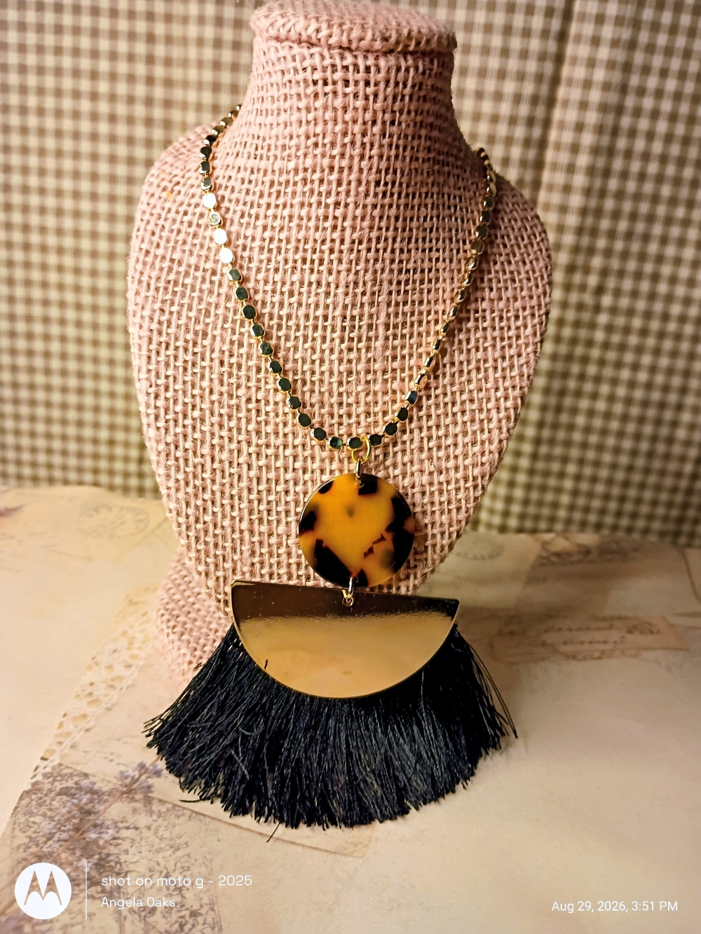Gold and Black Tortoiseshell Fringe Pendant Necklace
